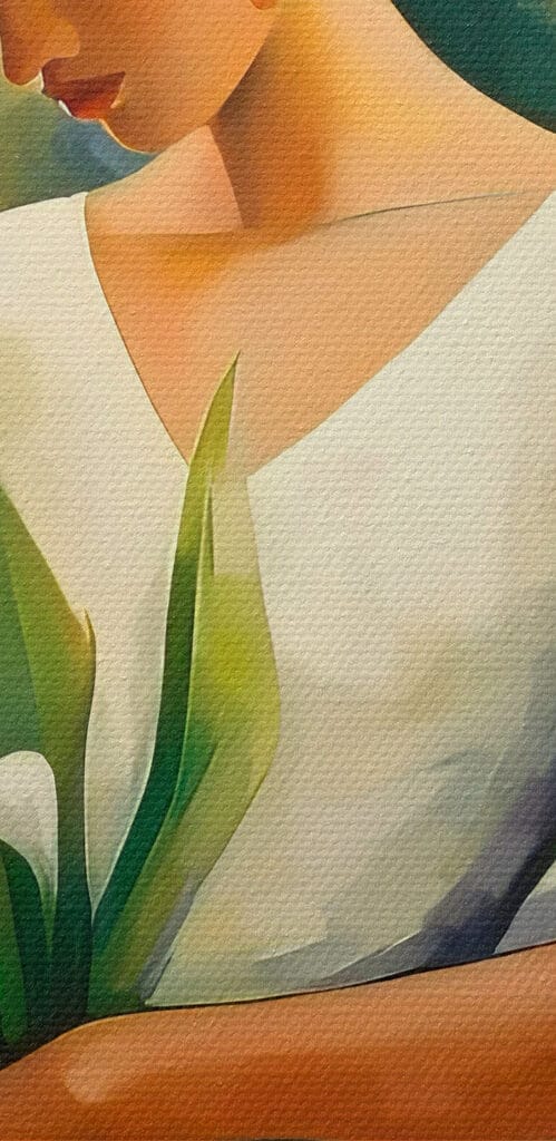 Painting of a woman holding flowers Painting of a woman holding flowers