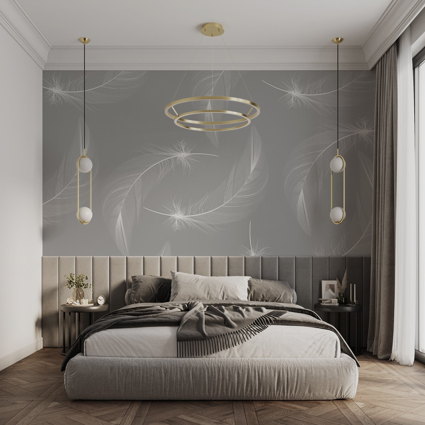 White feathers on a gray background