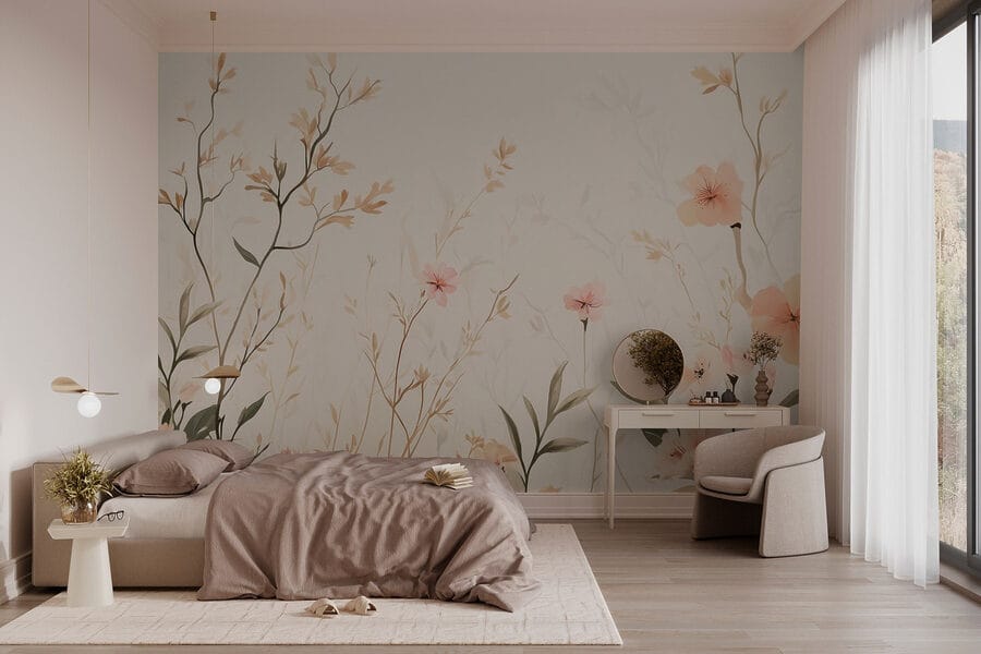 Papier peint avec des fleurs et des feuilles