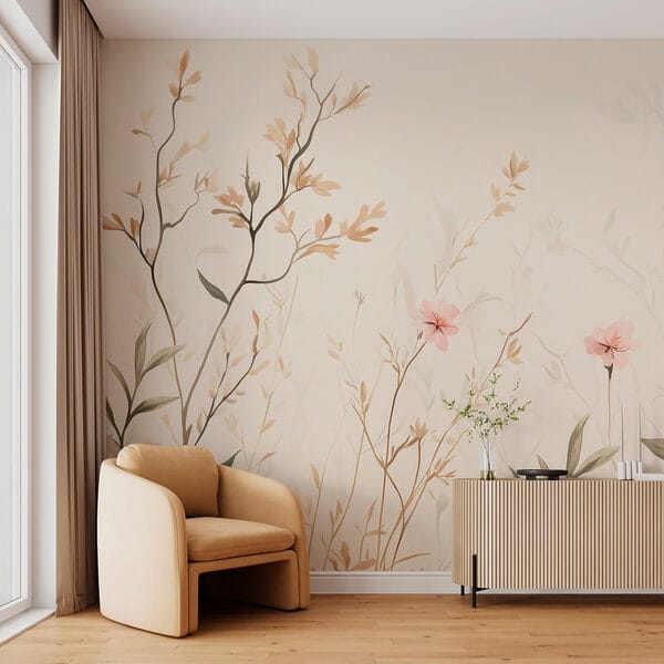 Papier peint avec des fleurs et des feuilles Papier peint avec des fleurs et des feuilles