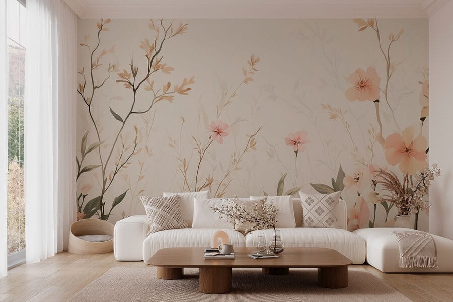 Papier peint avec des fleurs et des feuilles
