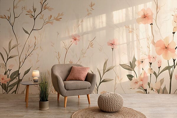 Papier peint avec des fleurs et des feuilles Papier peint avec des fleurs et des feuilles
