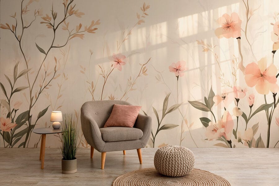 Papier peint avec des fleurs et des feuilles