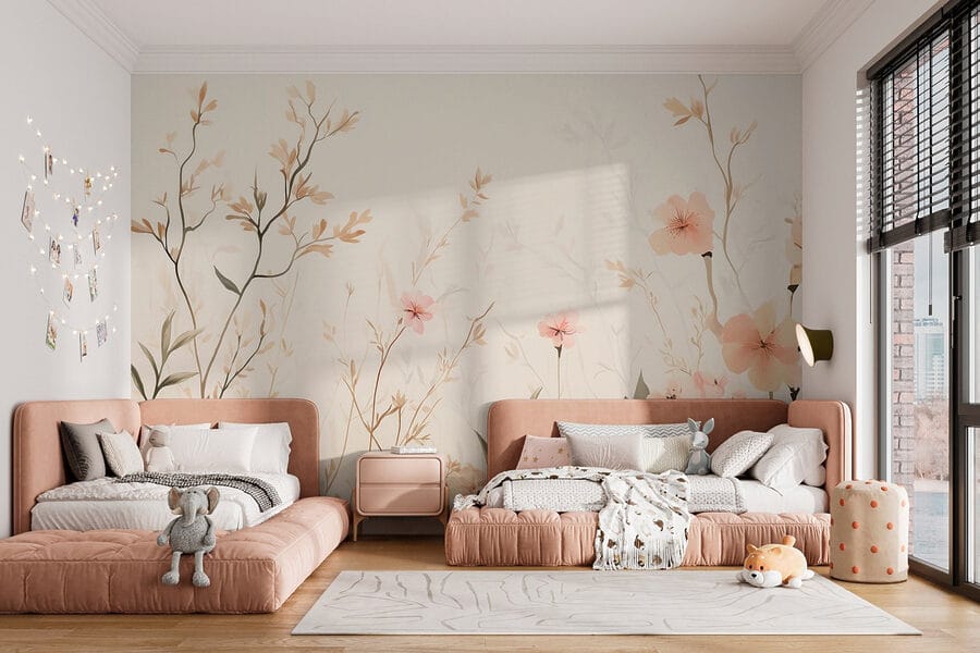 Papier peint avec des fleurs et des feuilles