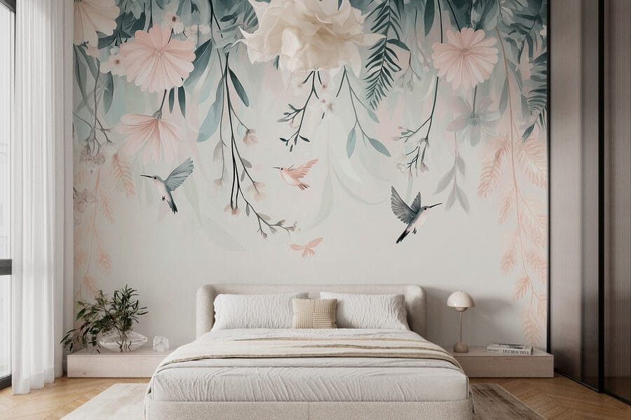 Papier peint Oiseau volant au-dessus des fleurs