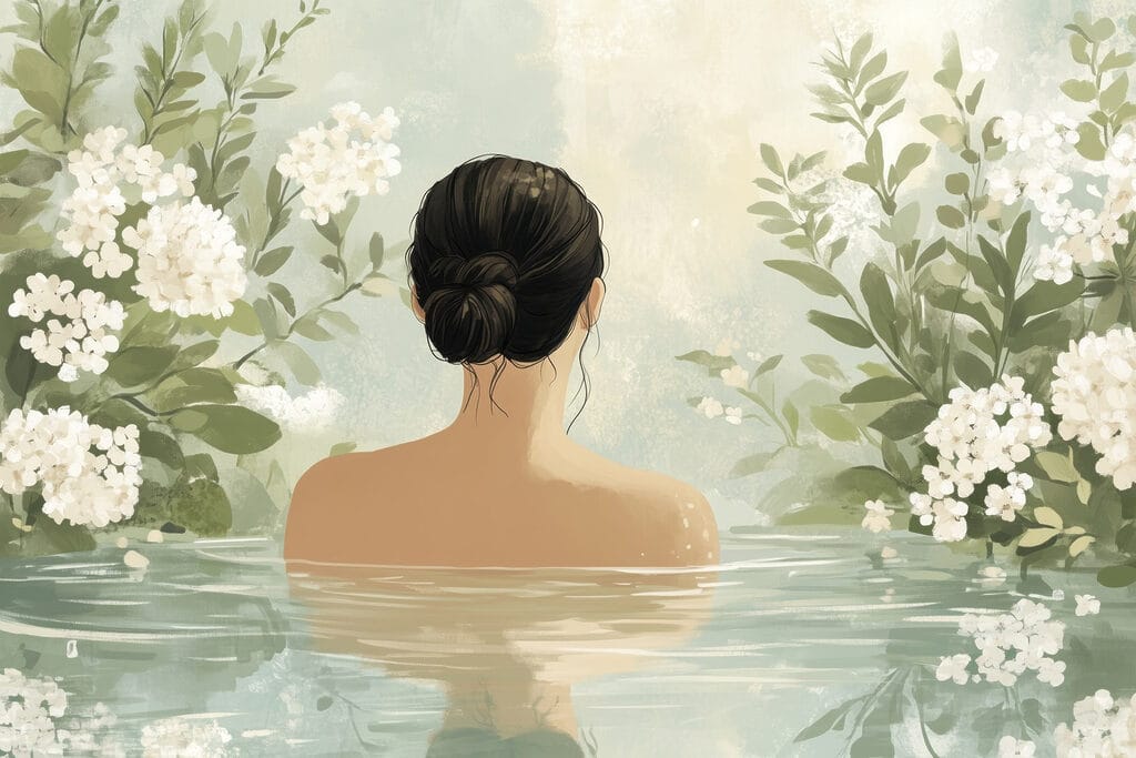Femme dans l'eau avec des fleurs Femme dans l'eau avec des fleurs