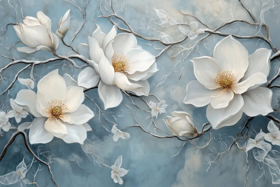 Peinture de fleurs blanches sur fond bleu Peinture de fleurs blanches sur fond bleu