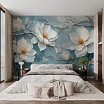 Papier peint Peinture de fleurs blanches sur fond bleu