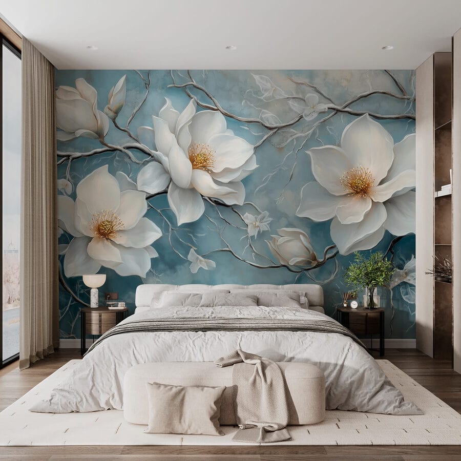 Peinture de fleurs blanches sur fond bleu Peinture de fleurs blanches sur fond bleu