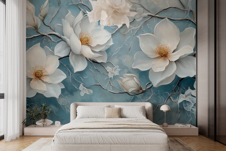 Peinture de fleurs blanches sur fond bleu Peinture de fleurs blanches sur fond bleu
