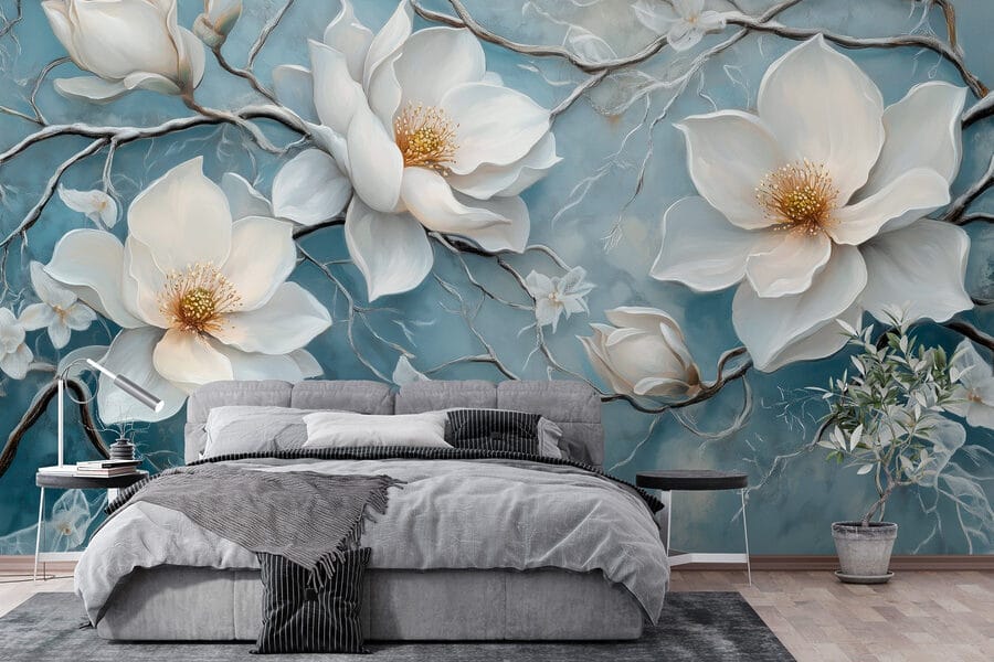 Peinture de fleurs blanches sur fond bleu Peinture de fleurs blanches sur fond bleu