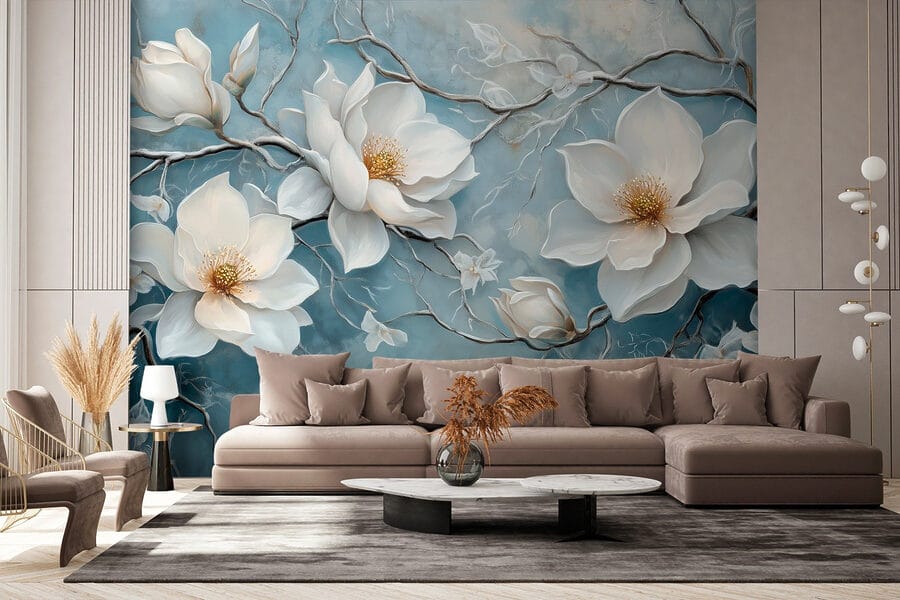 Peinture de fleurs blanches sur fond bleu Peinture de fleurs blanches sur fond bleu