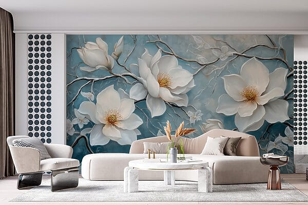 Peinture de fleurs blanches sur fond bleu Peinture de fleurs blanches sur fond bleu