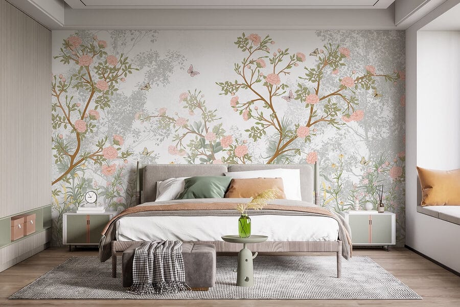 Peinture d'un arbre avec des fleurs et des papillons Peinture d'un arbre avec des fleurs et des papillons