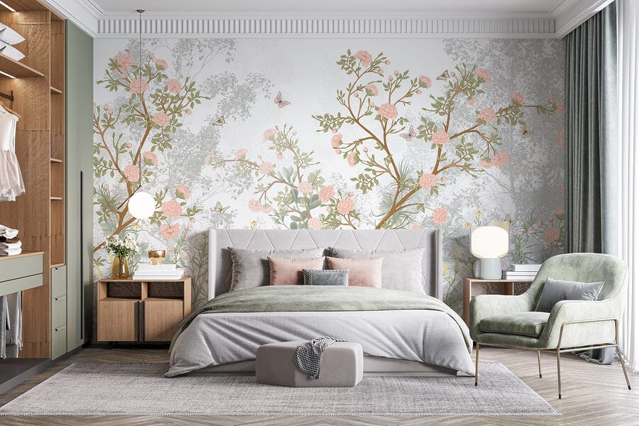 Peinture d'un arbre avec des fleurs et des papillons Peinture d'un arbre avec des fleurs et des papillons