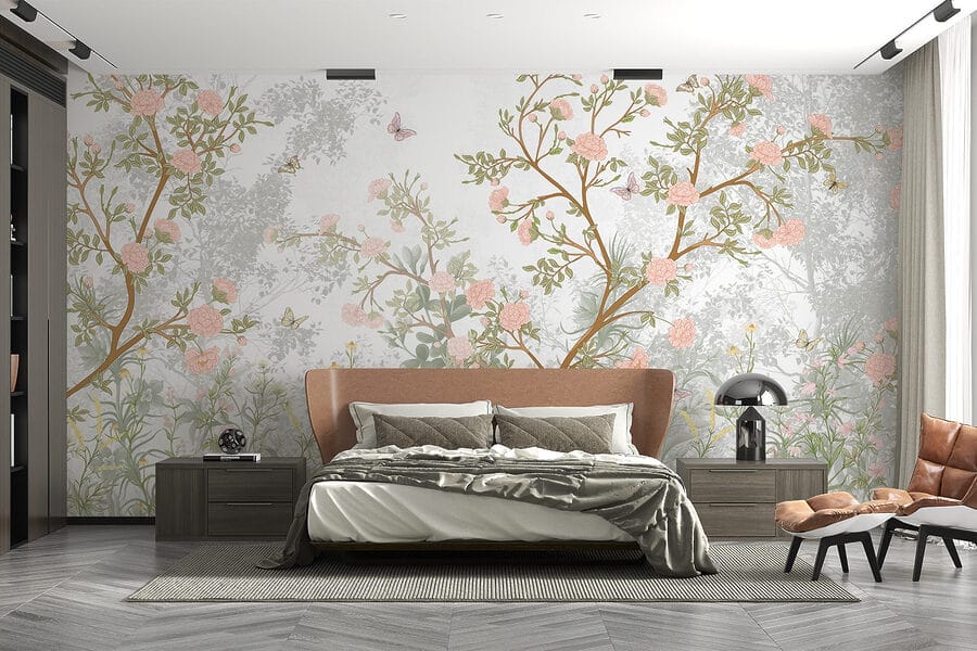 Peinture d'un arbre avec des fleurs et des papillons Peinture d'un arbre avec des fleurs et des papillons