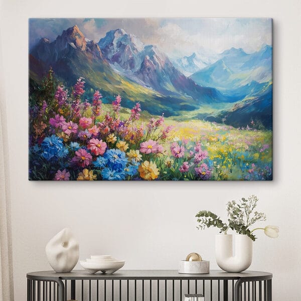 Painting of flowers in a field with mountains in the background