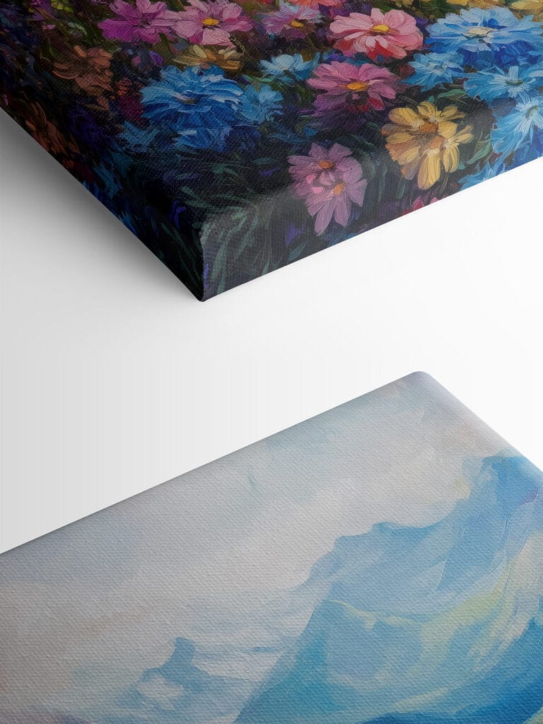 Painting of flowers in a field with mountains in the background