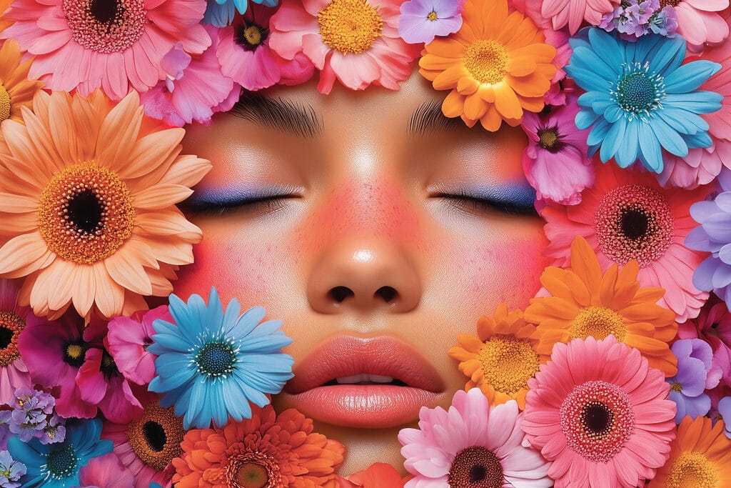 Woman with flowers around her face
