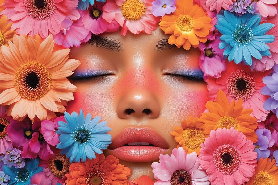 Femme avec des fleurs autour du visage