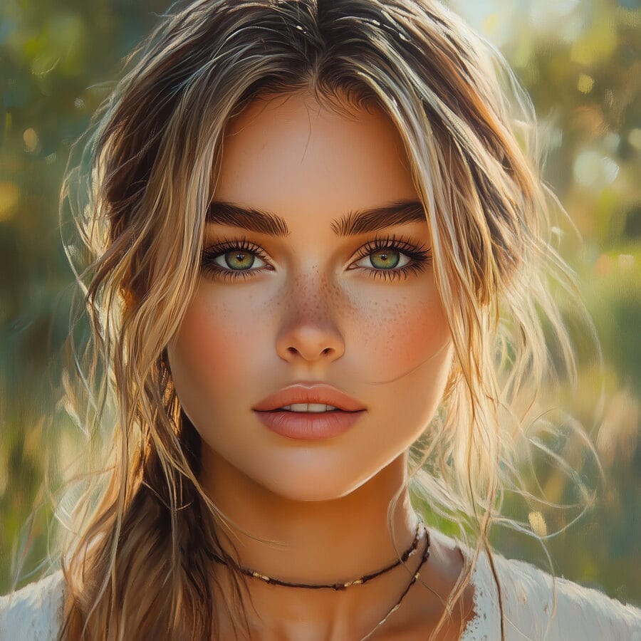 Femme aux yeux verts et taches de rousseur