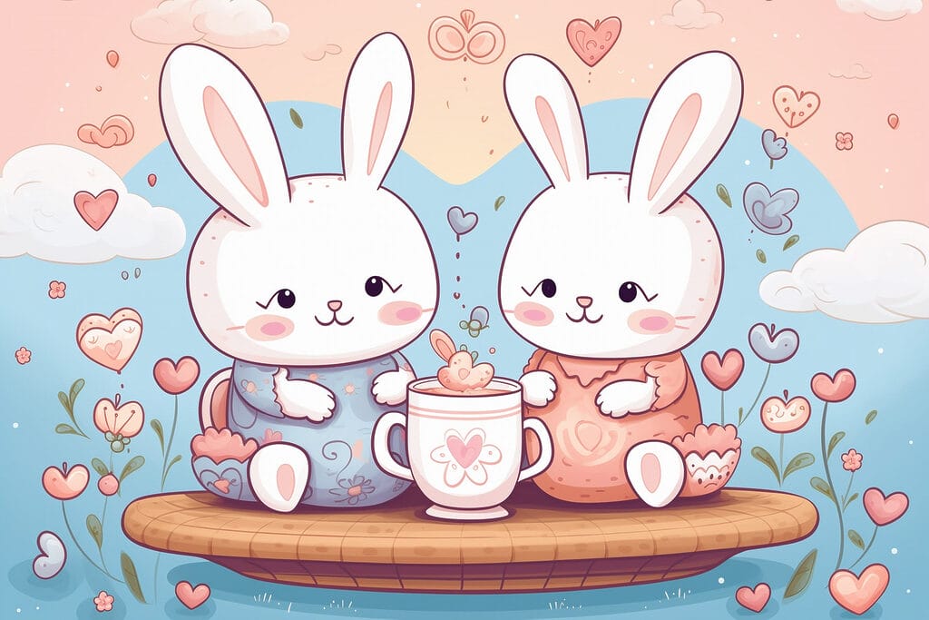 Couple de lapins assis sur un plateau avec une tasse de thé s42873p 1024x683 - Couple de lapins assis sur un plateau avec une tasse de thé