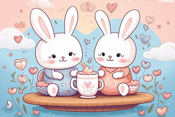 Couple de lapins assis sur un plateau avec une tasse de thé s42873p 600x400 - Couple de lapins assis sur un plateau avec une tasse de thé