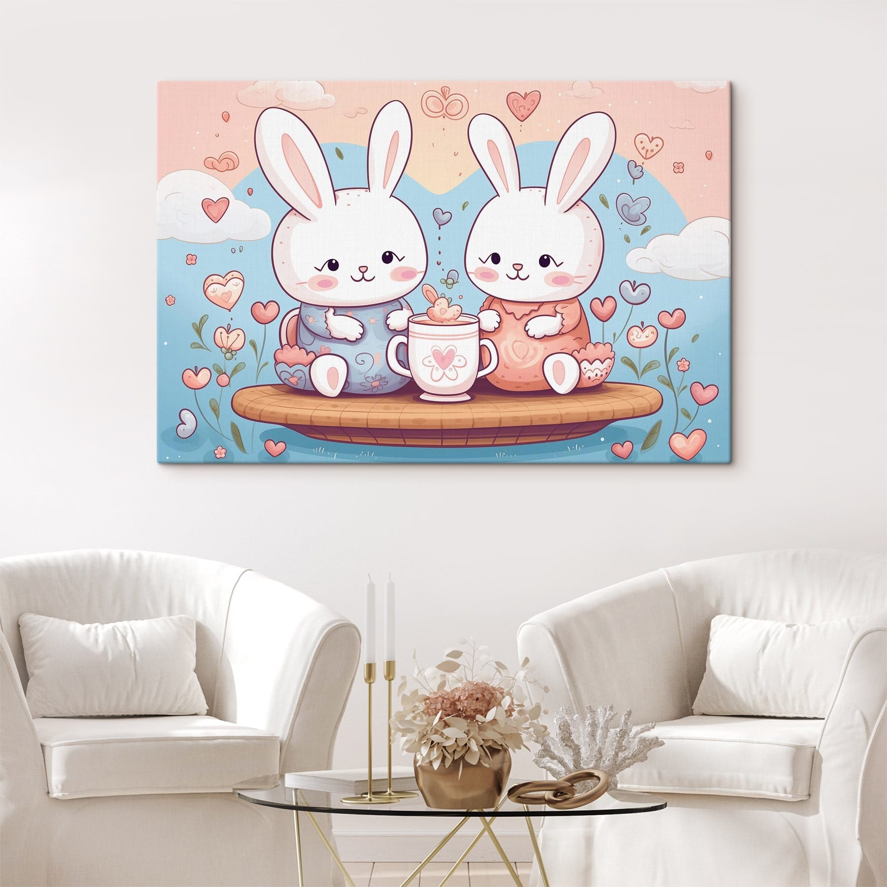 Couple of bunnies sitting on a tray with a cup of tea