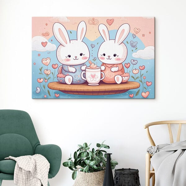 Couple de lapins assis sur un plateau avec une tasse de thé s42873pig400 600x600 - Couple de lapins assis sur un plateau avec une tasse de thé