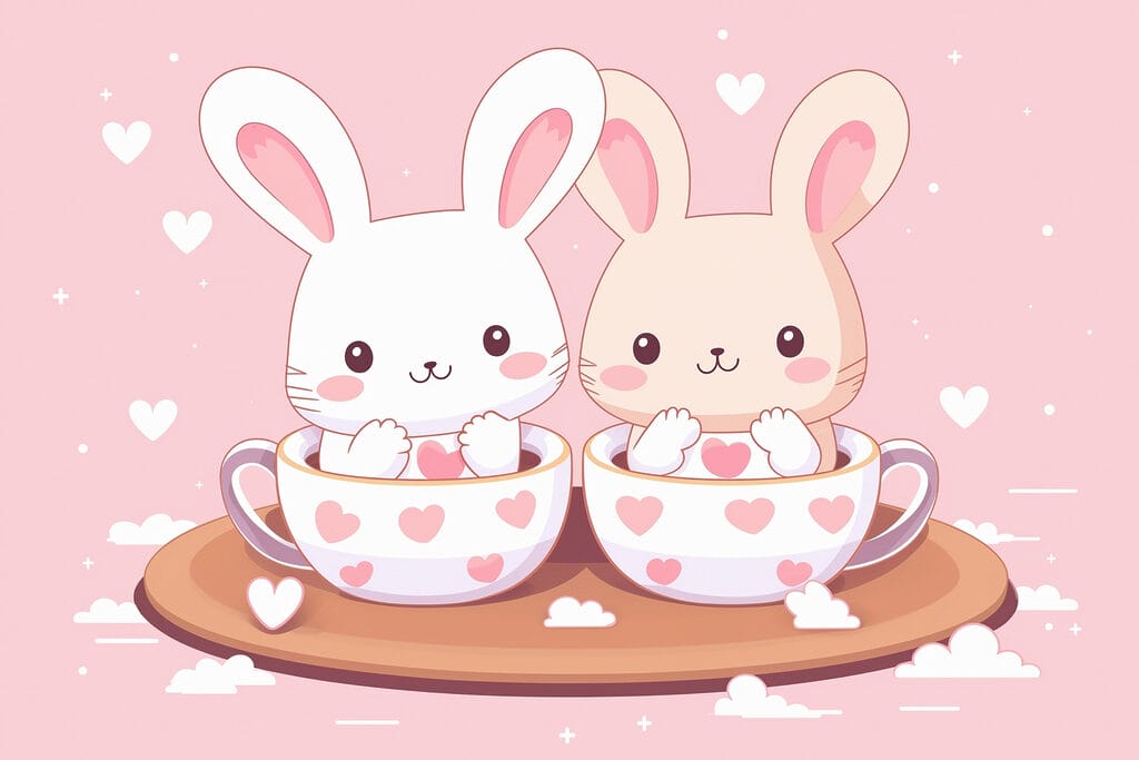 Two cartoon rabbits in tea cups