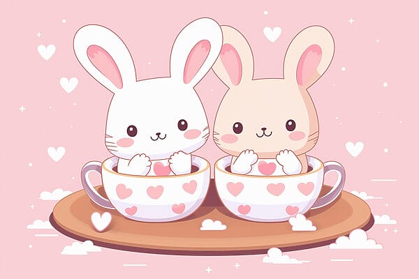 Deux lapins de bande dessinée dans des tasses de thé Deux lapins de bande dessinée dans des tasses de thé