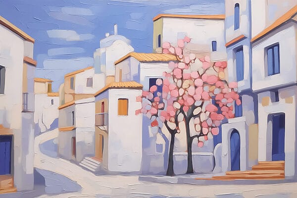 Peinture d'un arbre devant un bâtiment Peinture d'un arbre devant un bâtiment