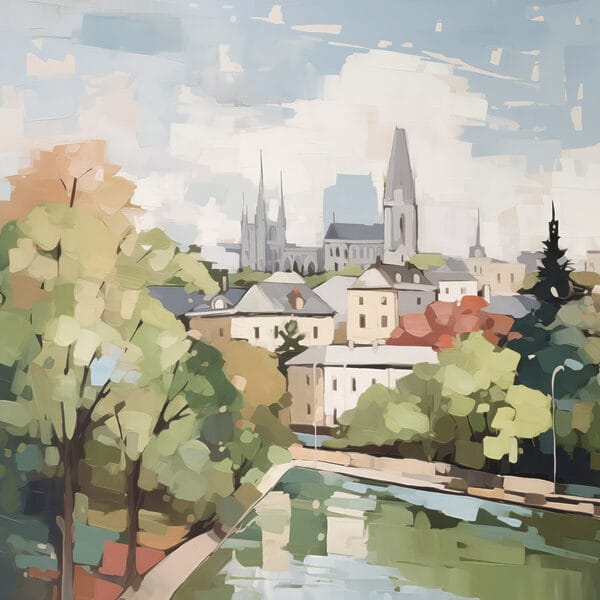 Peinture d'une ville avec des arbres et une rivière Peinture d'une ville avec des arbres et une rivière