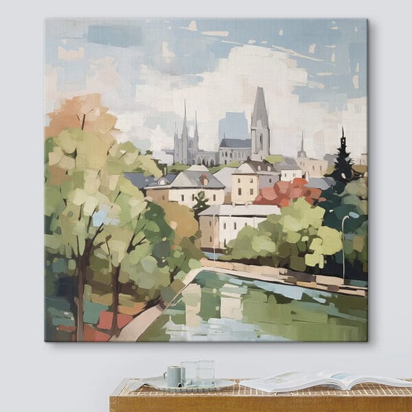 Peinture d'une ville avec des arbres et une rivière Peinture d'une ville avec des arbres et une rivière