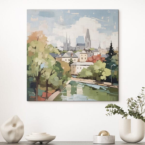 Peinture d'une ville avec des arbres et une rivière Peinture d'une ville avec des arbres et une rivière