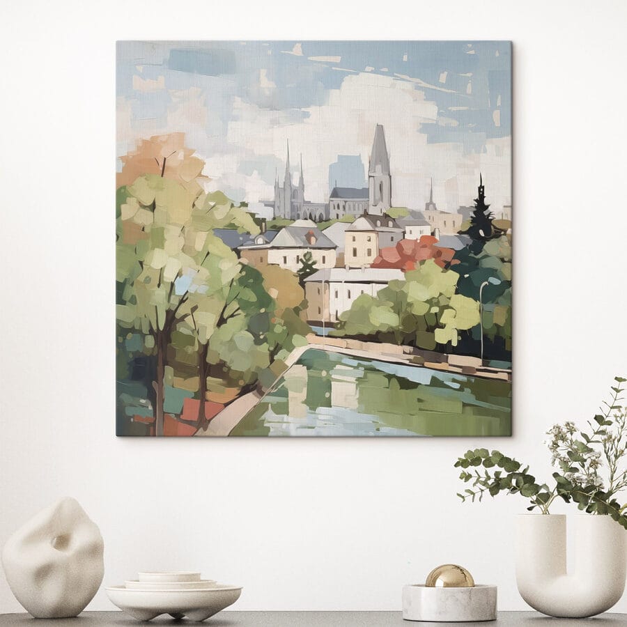 Peinture d'une ville avec des arbres et une rivière Peinture d'une ville avec des arbres et une rivière