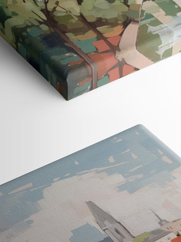 Peinture d'une ville avec des arbres et une rivière Peinture d'une ville avec des arbres et une rivière