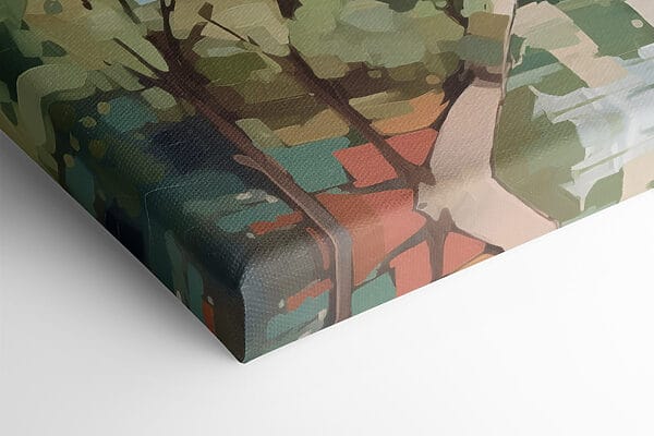 Peinture d'une ville avec des arbres et une rivière Peinture d'une ville avec des arbres et une rivière