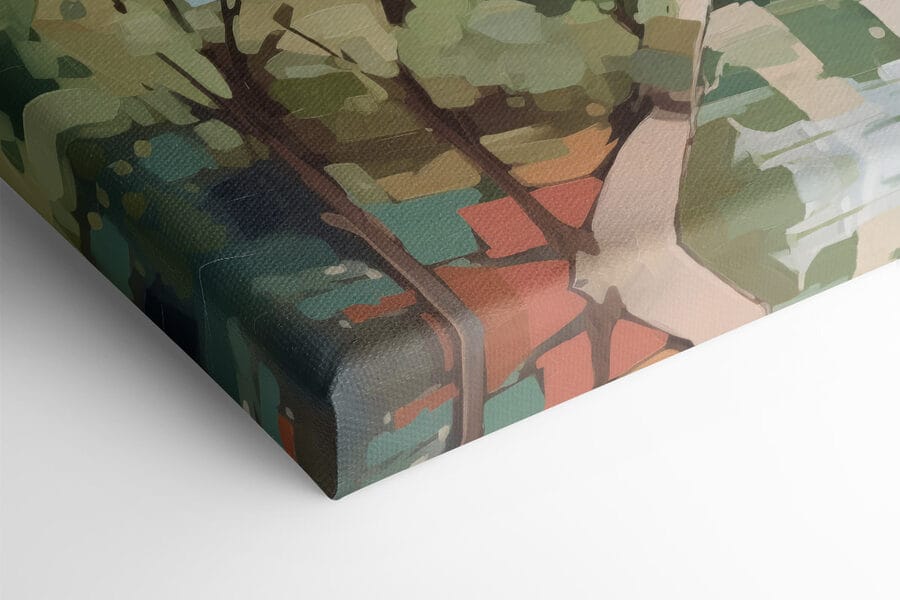 Peinture d'une ville avec des arbres et une rivière Peinture d'une ville avec des arbres et une rivière