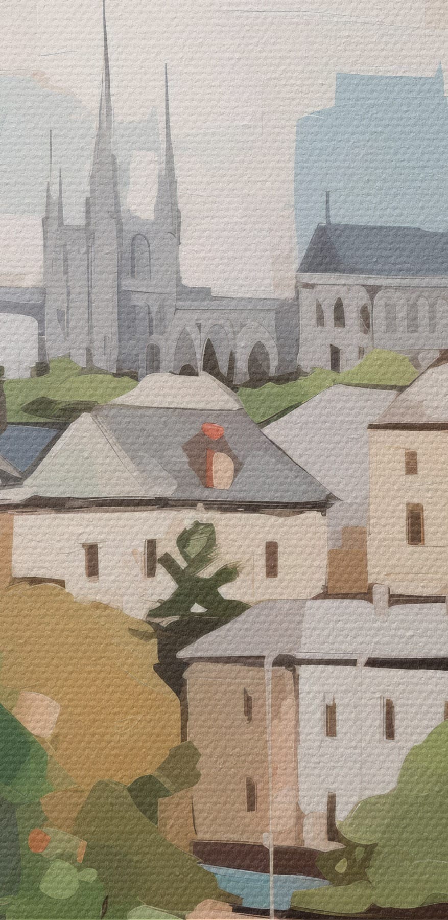 Peinture d'une ville avec des arbres et une rivière Peinture d'une ville avec des arbres et une rivière