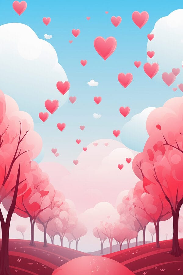 Arbres roses avec des cœurs volant dans le ciel Arbres roses avec des cœurs volant dans le ciel