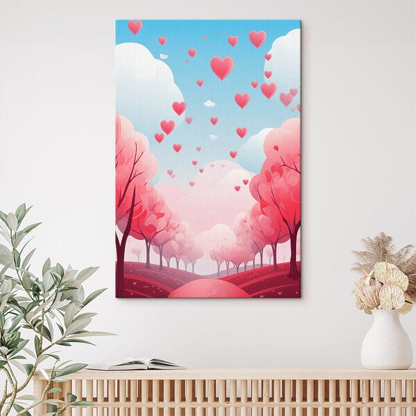 Arbres roses avec des cœurs volant dans le ciel Arbres roses avec des cœurs volant dans le ciel
