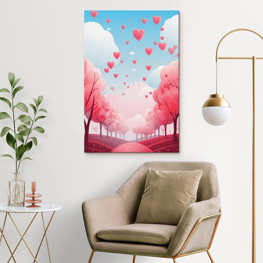 Arbres roses avec des cœurs volant dans le ciel Arbres roses avec des cœurs volant dans le ciel