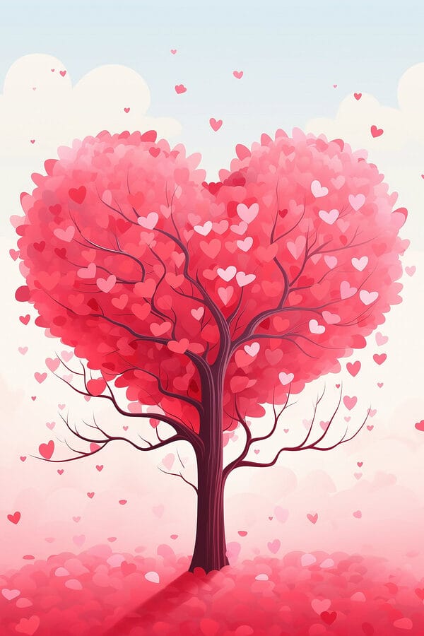 Arbre avec des feuilles roses et des cœurs Arbre avec des feuilles roses et des cœurs