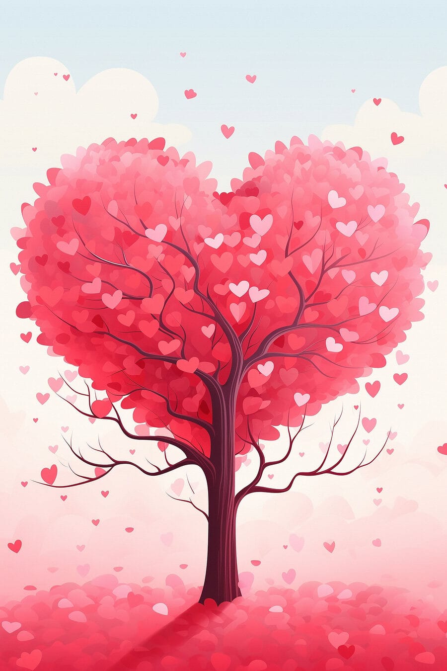 Arbre avec des feuilles roses et des cœurs