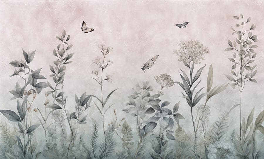 Papier peint avec papillons et plantes Papier peint avec papillons et plantes