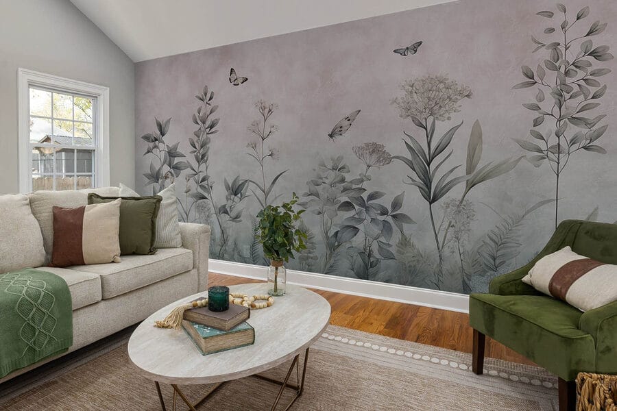 Papier peint avec papillons et plantes Papier peint avec papillons et plantes