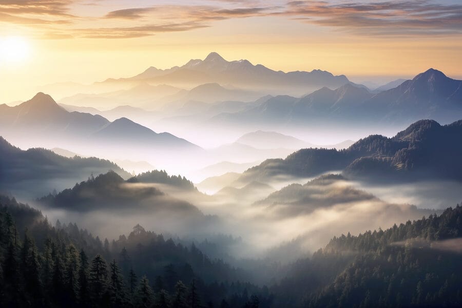 Paysage de montagnes avec brouillard et arbres Paysage de montagnes avec brouillard et arbres