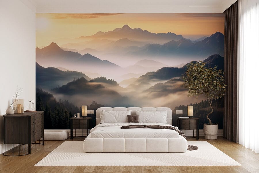 Paysage de montagnes avec brouillard et arbres Paysage de montagnes avec brouillard et arbres