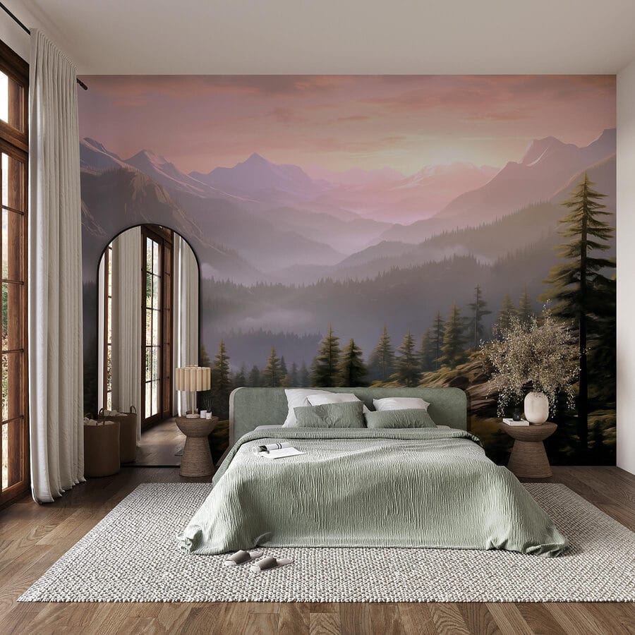 Papier peint Paysage de montagnes et d'arbres